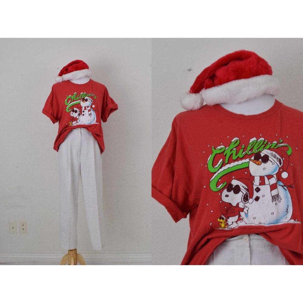 Vintage Worrrn 90s Cotton Christmas‎ Snoopy and Snowman Shirt size XL